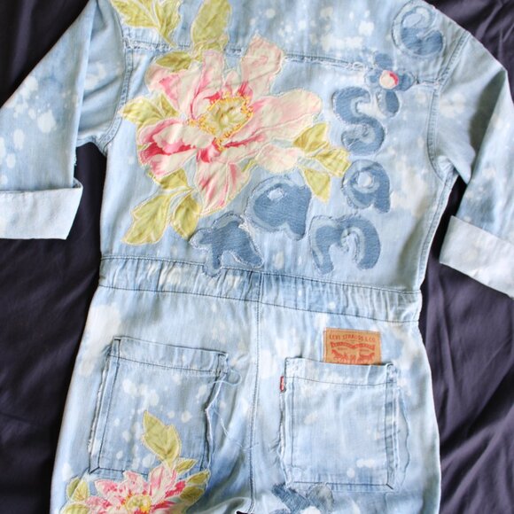 LEVI'S patchwork Redone embroidered hippie denim jeans Boiler Suit jumpsuit S - Picture 9 of 11